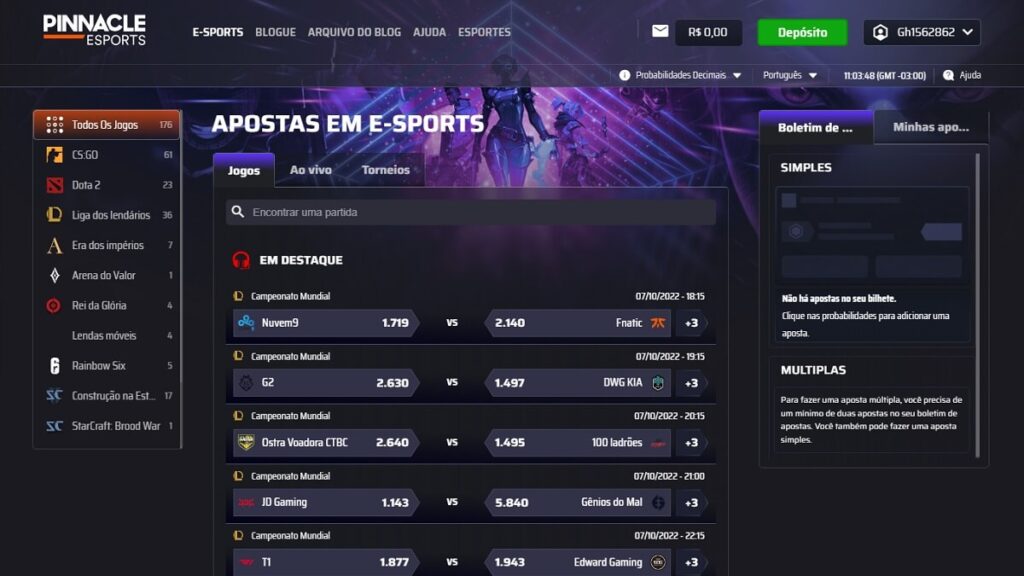Seção de Esports da Pinnacle