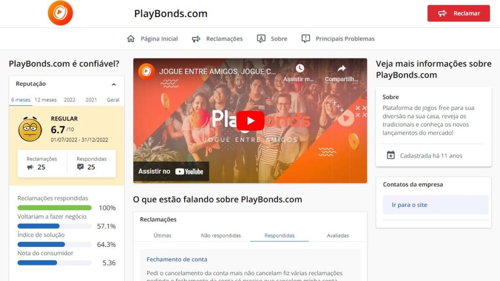 Página da Playbonds no Reclame Aqui