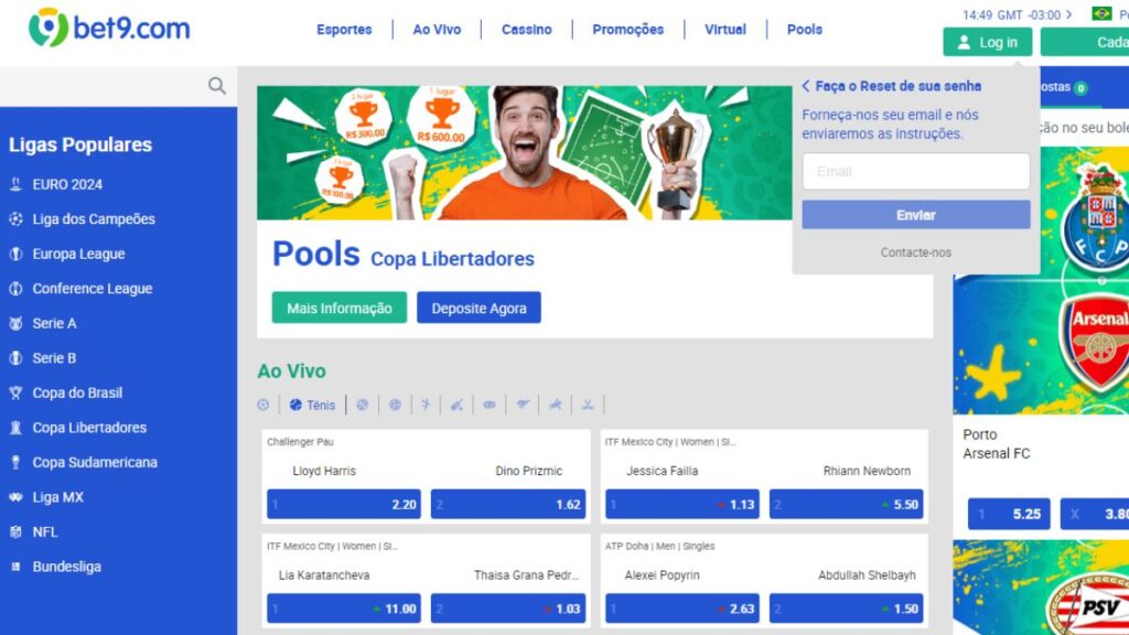 Página de recuperação de senha da Bet9.